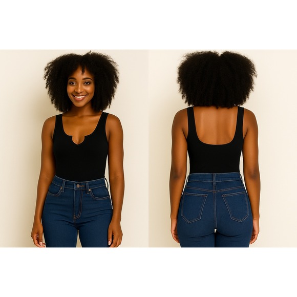 Zenana Sleeveless V-Neck Bodysuit Black‎ Tank Top Casual Stretch Size M - Picture 1 of 3